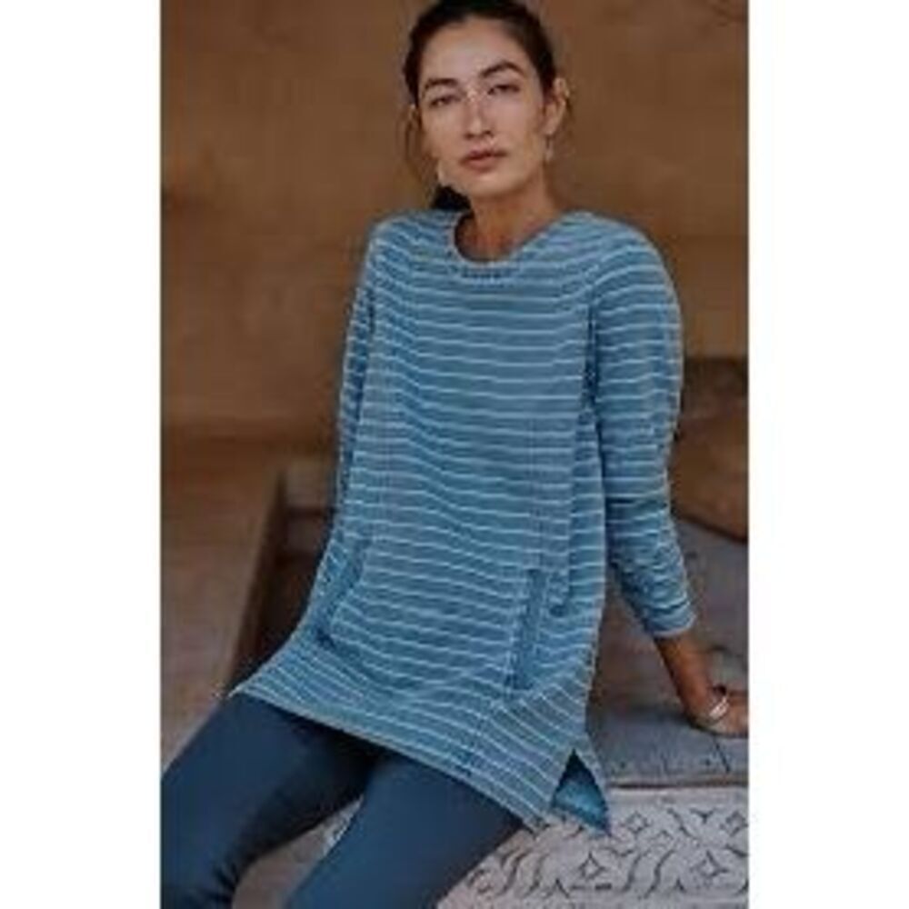 PureJill PJ French Terry Indigo Striped Tunic Sz L Petite Blue River